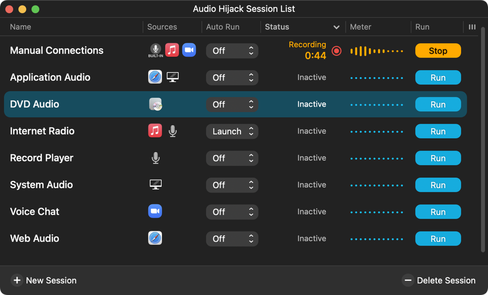 The new Session List in Audio Hijack 4.1