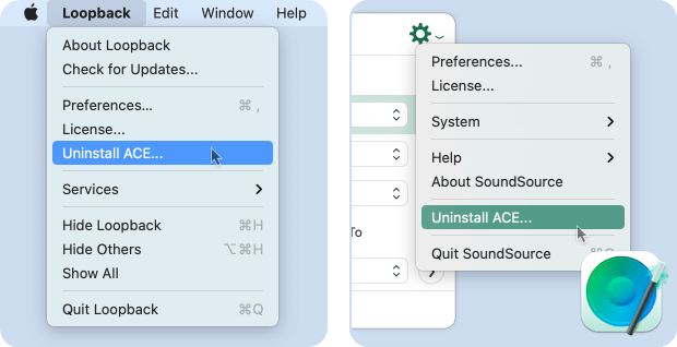 The Uninstall ACE commands in context in the Application and Gear menus